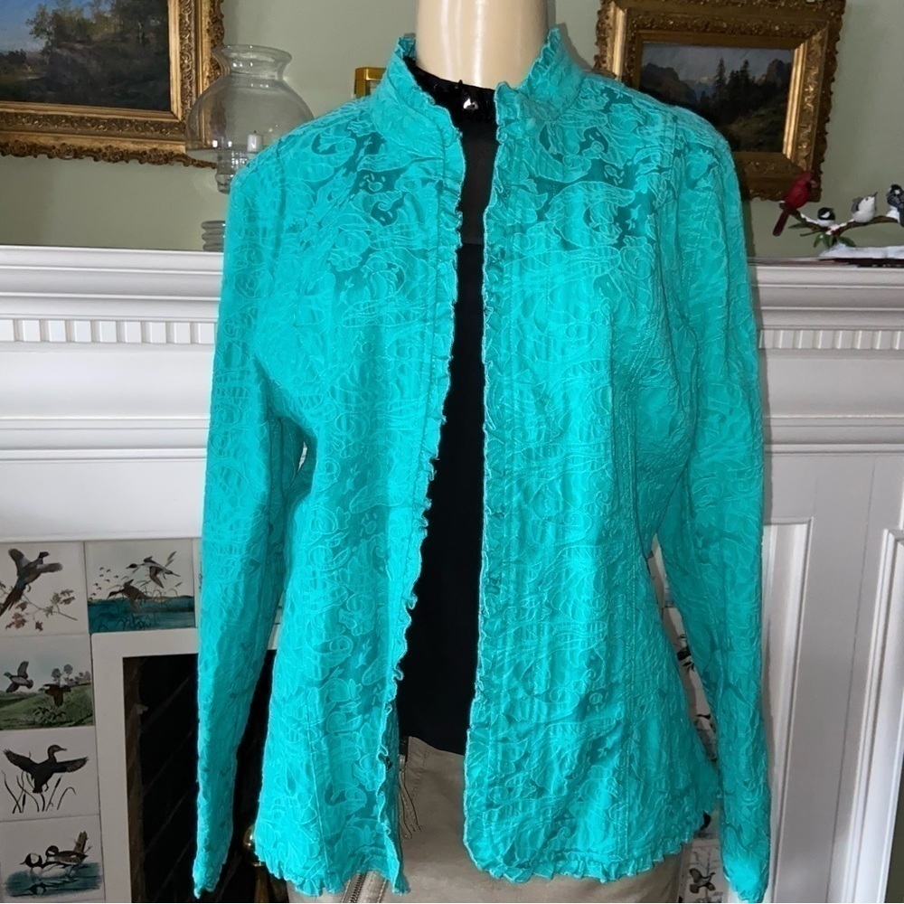 Beautiful aqua textured jacket by Additions in Chico’s size 2 with ruffles.